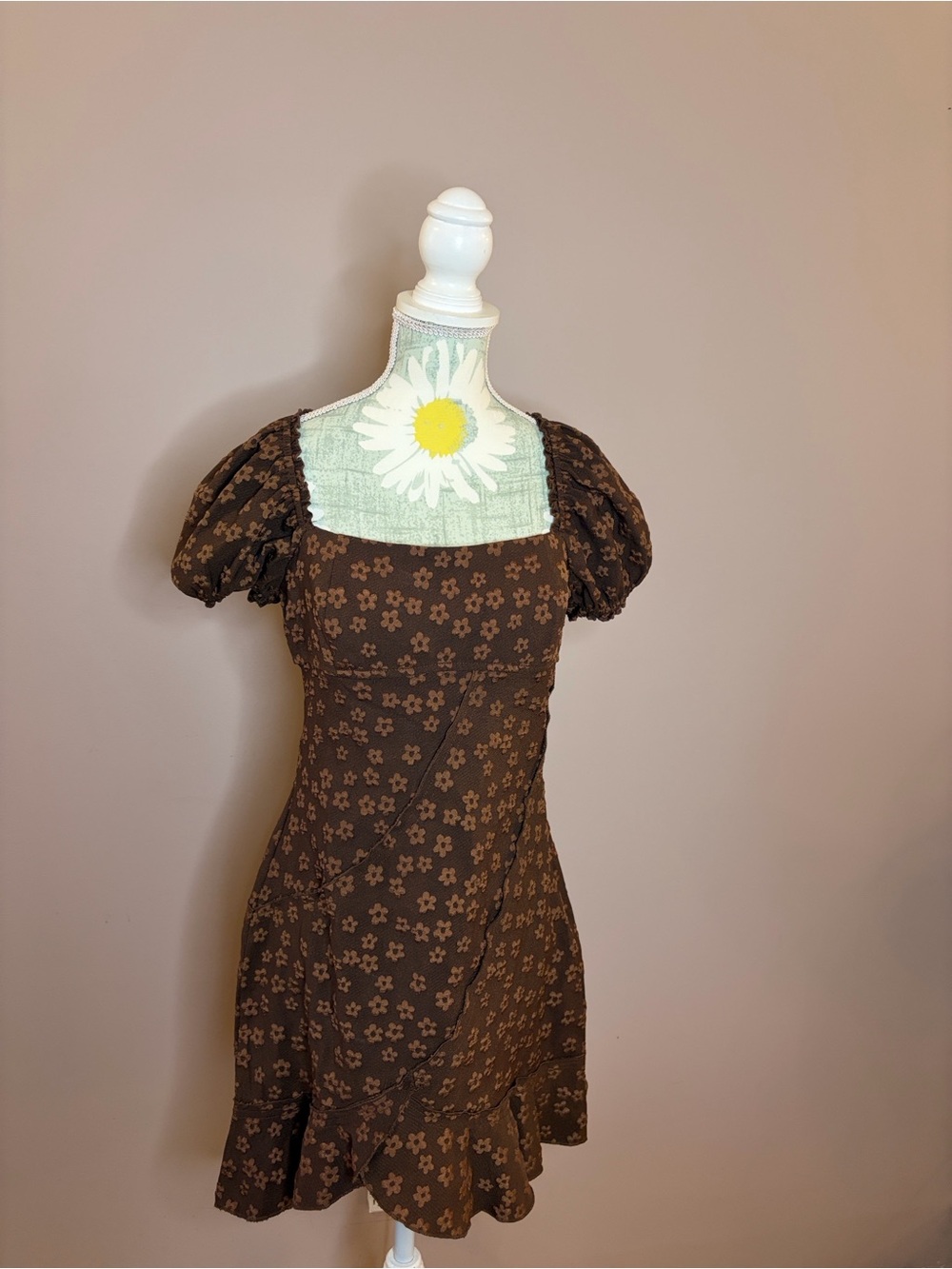 Storia Brown Floral Square-Neck Puff Sleeve Mini Dress